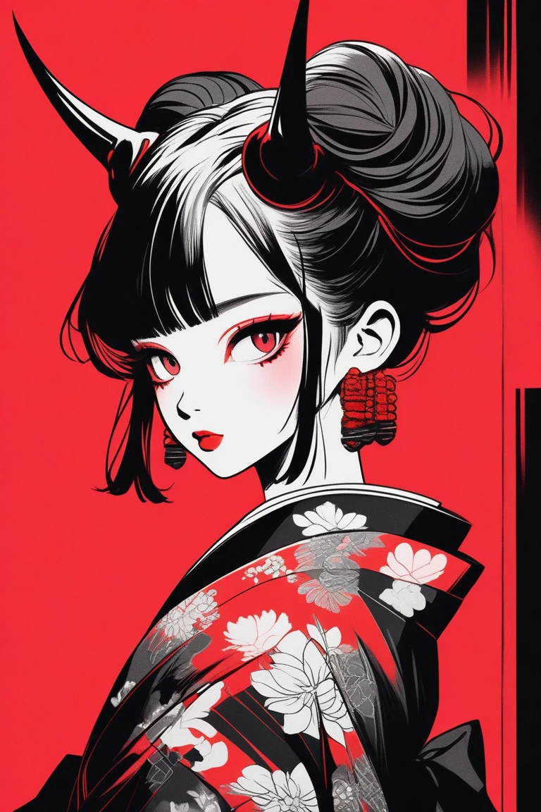 (best quality, sketch:1.2),realistic,illustrator,anime,1 girl with horns, detailed lips, kimono,custom, black and red gradient background,neon hair,textured cropping, masterpiece, style retro classic, noir style , Japanese style, ((monochrome))