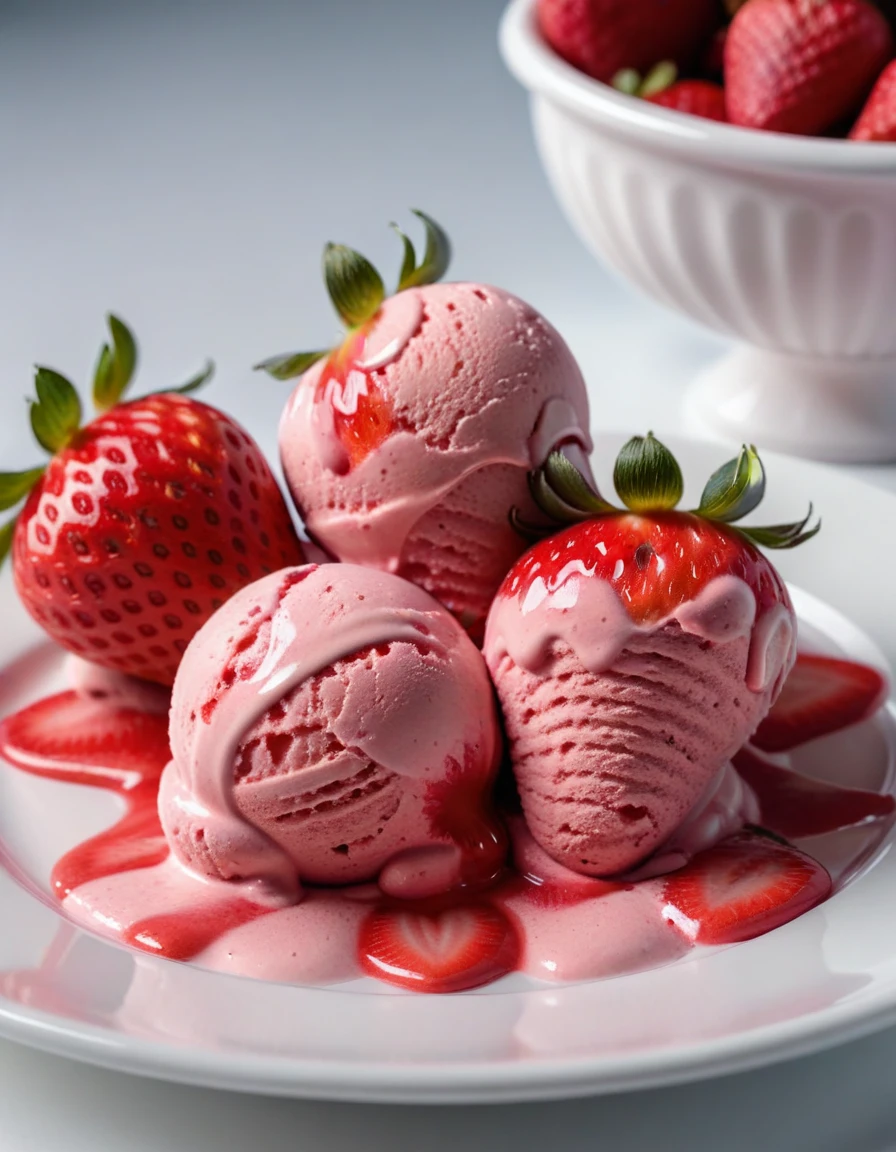 (strawberry berry and strawberry ice cream on a white plate), closeup, macroscopic photo, hyperdetalization, hyperrealism, beautiful foreshortening, cinematic, glow, reflexes, illuminated ((dominant three colors))