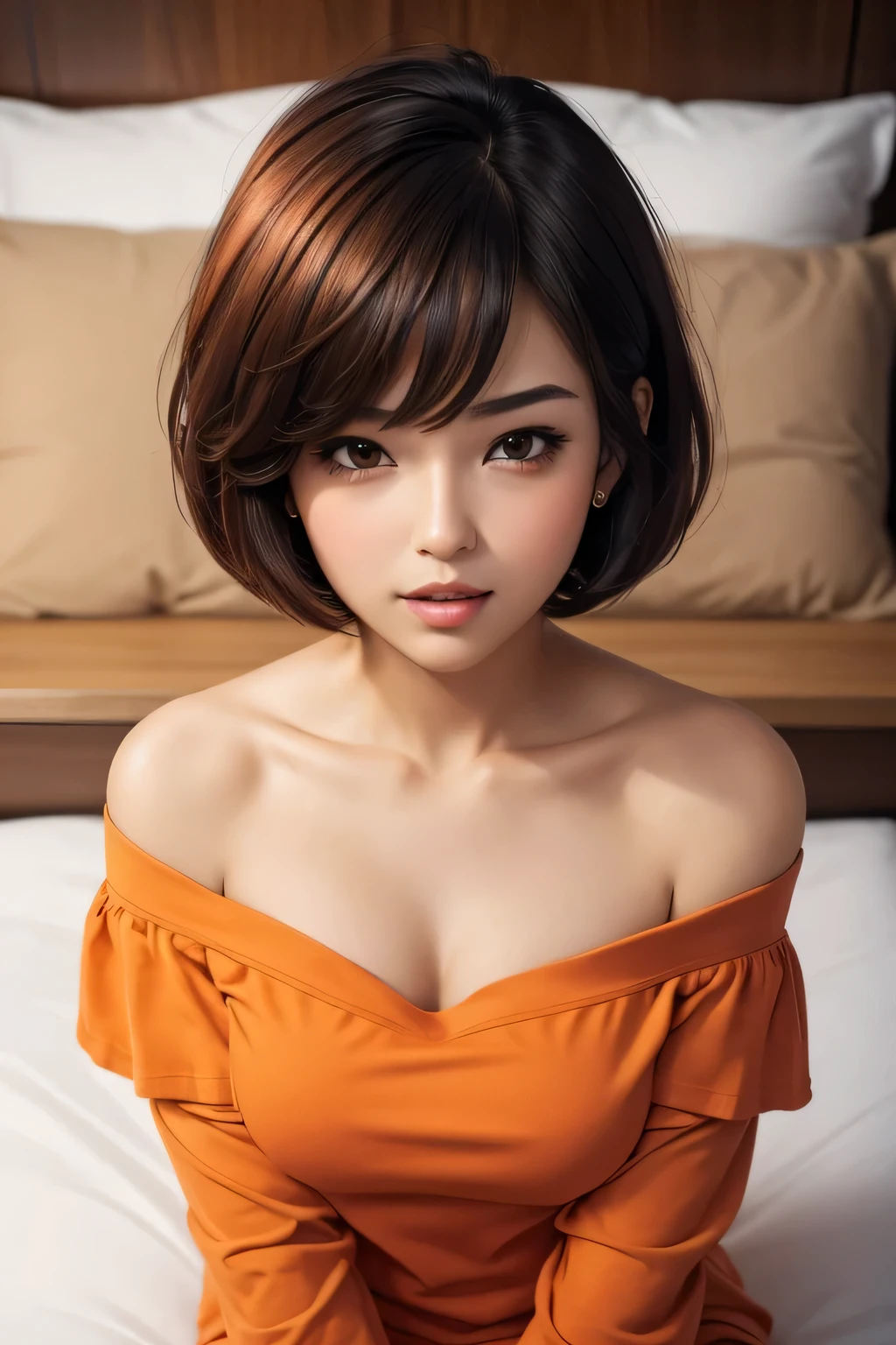 Amazing portrait of a sexy and cute girl with a short bob hairstyle and a seductive gaze who is blushing intensely with parted lips and is desperate and flustered and lustful wearing an off shoulder orange t shirt showcasing her bare shoulder while lying on bed