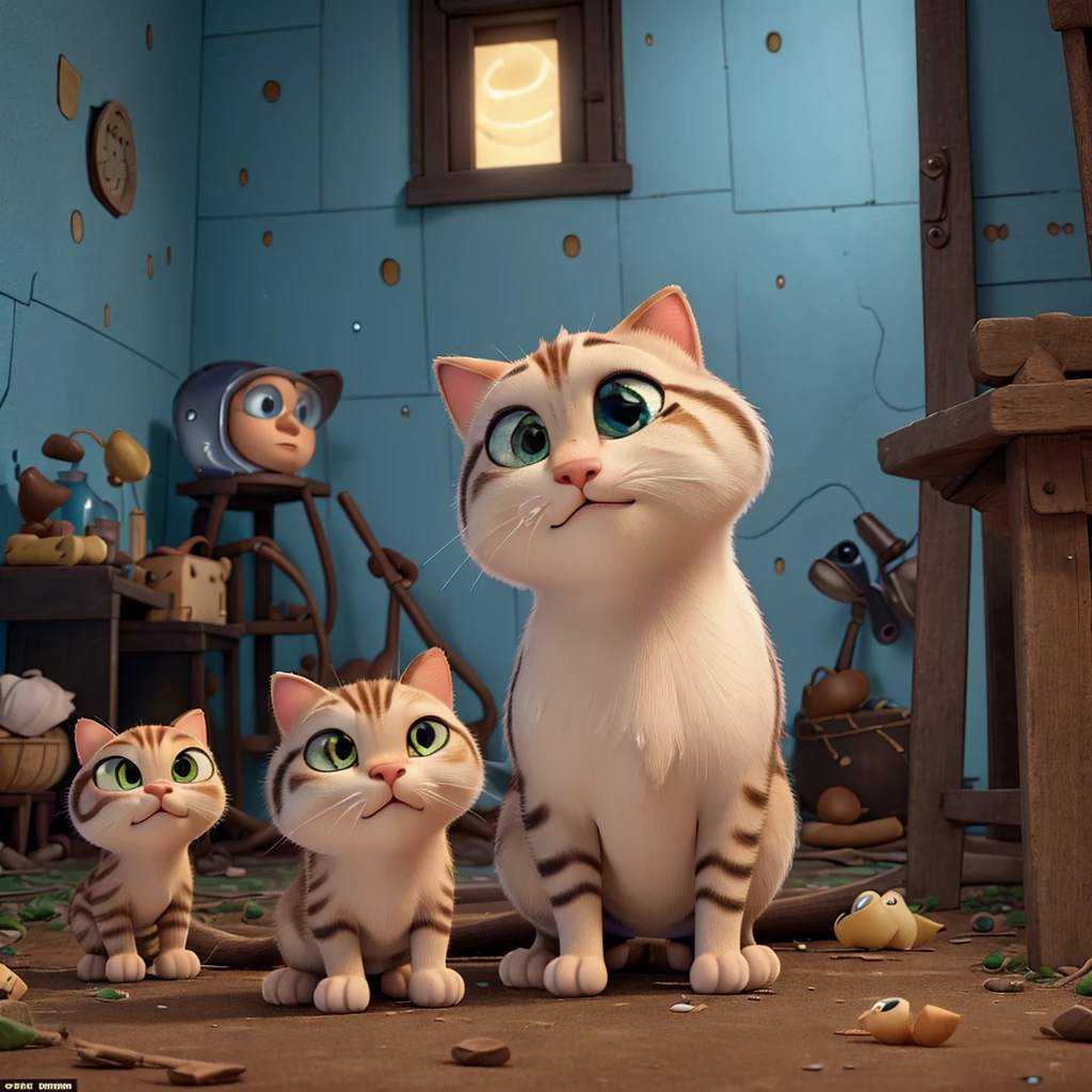((Best quality)), ((pixar animation)), (detailed), gatinho branco, eyes large, Grieving, sobbing, is in an abandoned house, raining night, it's dark, is alone and scared