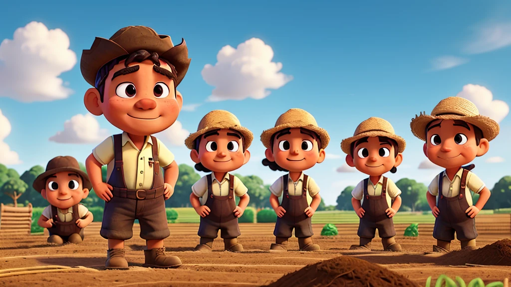a hardworking farmer and his friends digging in various locations with expressions of hard work and determination, cartoonist work, no six fingers , no eyes damage, no face spoil