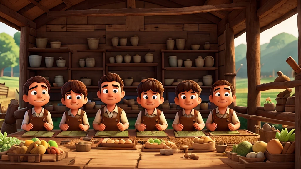 a hardworking farmer and his friends digging in various locations with expressions of hard work and determination, cartoonist work, no six fingers , no eyes damage, no face spoil