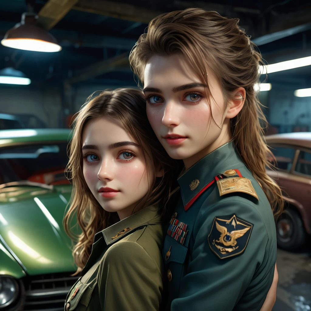 dystopian style , post-apocalyptic, dramatic, highly detailed, stunningly beautiful European girl standing , cute looking girl ,, handsome man with military costume hugs from behind her , wreck cars garage ,car's lights are on , dark floor like mirror , reflections,close-up shot, highly detailed, realistic, hyperrealism, lifelike photography , extremely detailed skin, she has beautiful mesmerizing face and small nose , dark shadows, indoors , cute smile , dim light