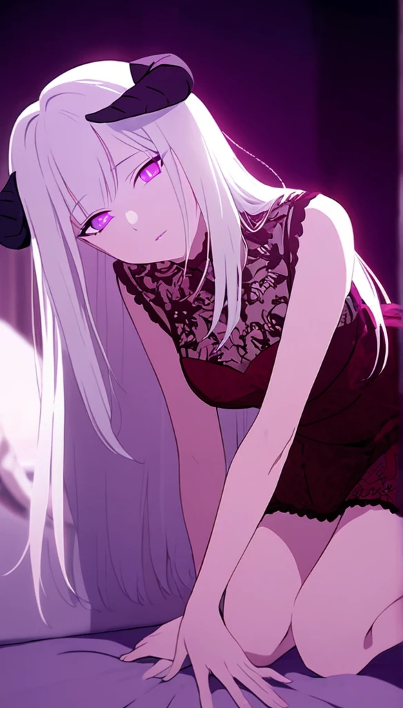 a girl with long white hair, purple eyes, wearing a red lace dress, kneeling on a large bed, in the dark with violet tones, sexy, sensual,black goat horns