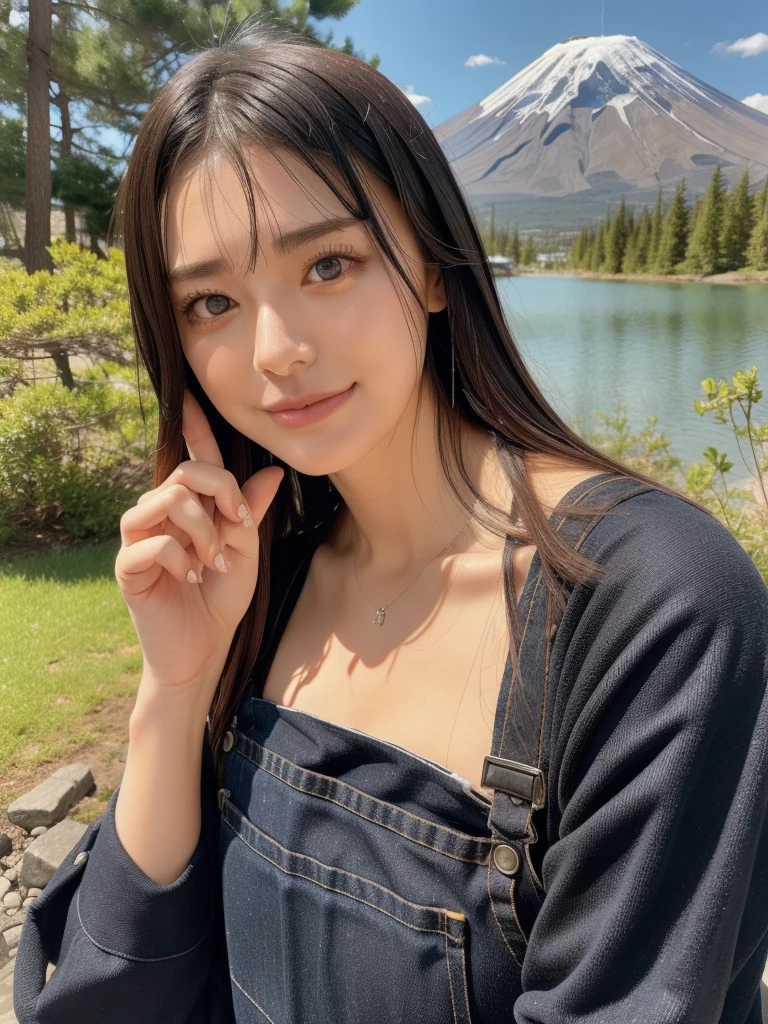 rie,One Woman,(best quality), (ultra detailed), (absolutely resolution),Face is front, 20-year-old, Chest, Overalls, The color of the clothes is denim blue., The pattern on the clothes is velvet, Black Hair, With Mt. Fuji in the background、Inverted Mt. Fuji reflected in the blue sky and lake surface