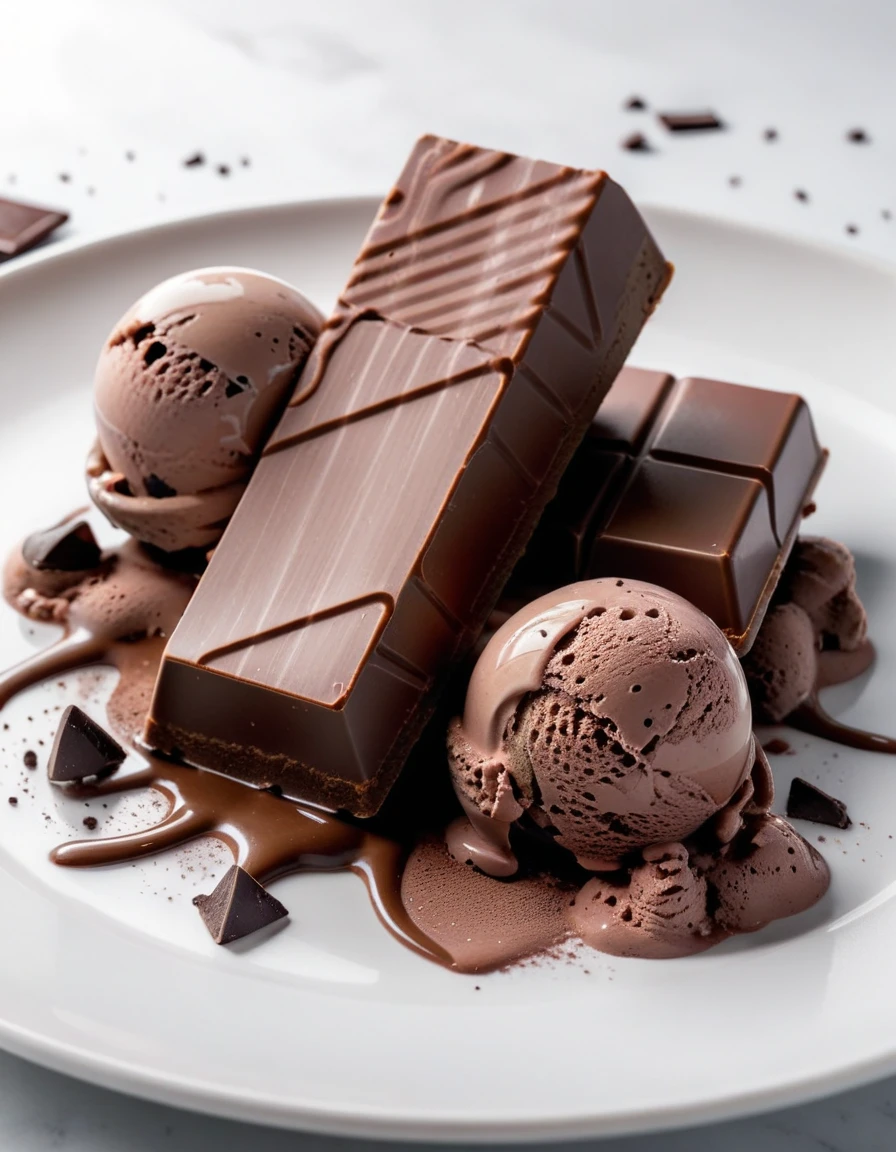 (chocolate bar and pieces of chocolate and chocolate ice cream on a white plate), closeup, macroscopic photo, hyperdetalization, hyperrealism, beautiful foreshortening, cinematic, glow, reflexes, illuminated ((dominant three colors))