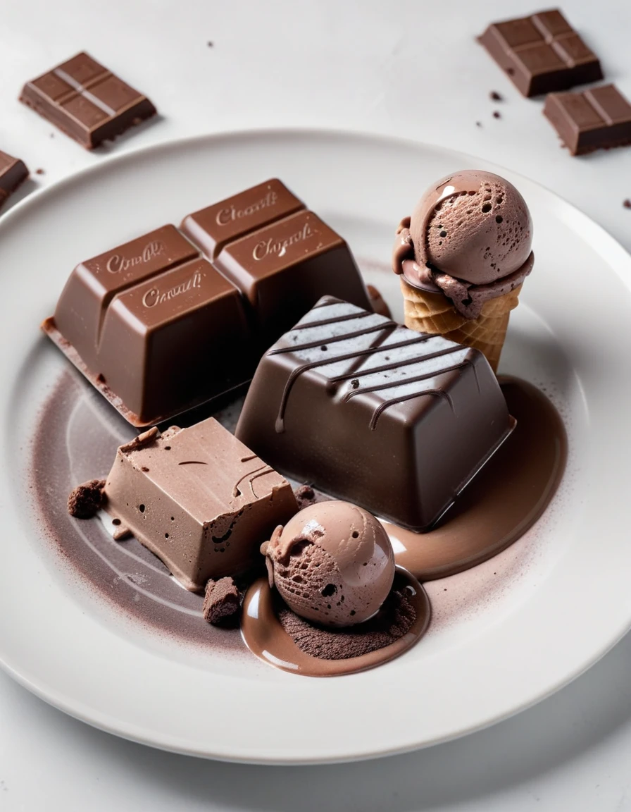 (chocolate bar and pieces of chocolate and chocolate ice cream on a white plate), closeup, macroscopic photo, hyperdetalization, hyperrealism, beautiful foreshortening, cinematic, glow, reflexes, illuminated ((dominant three colors))