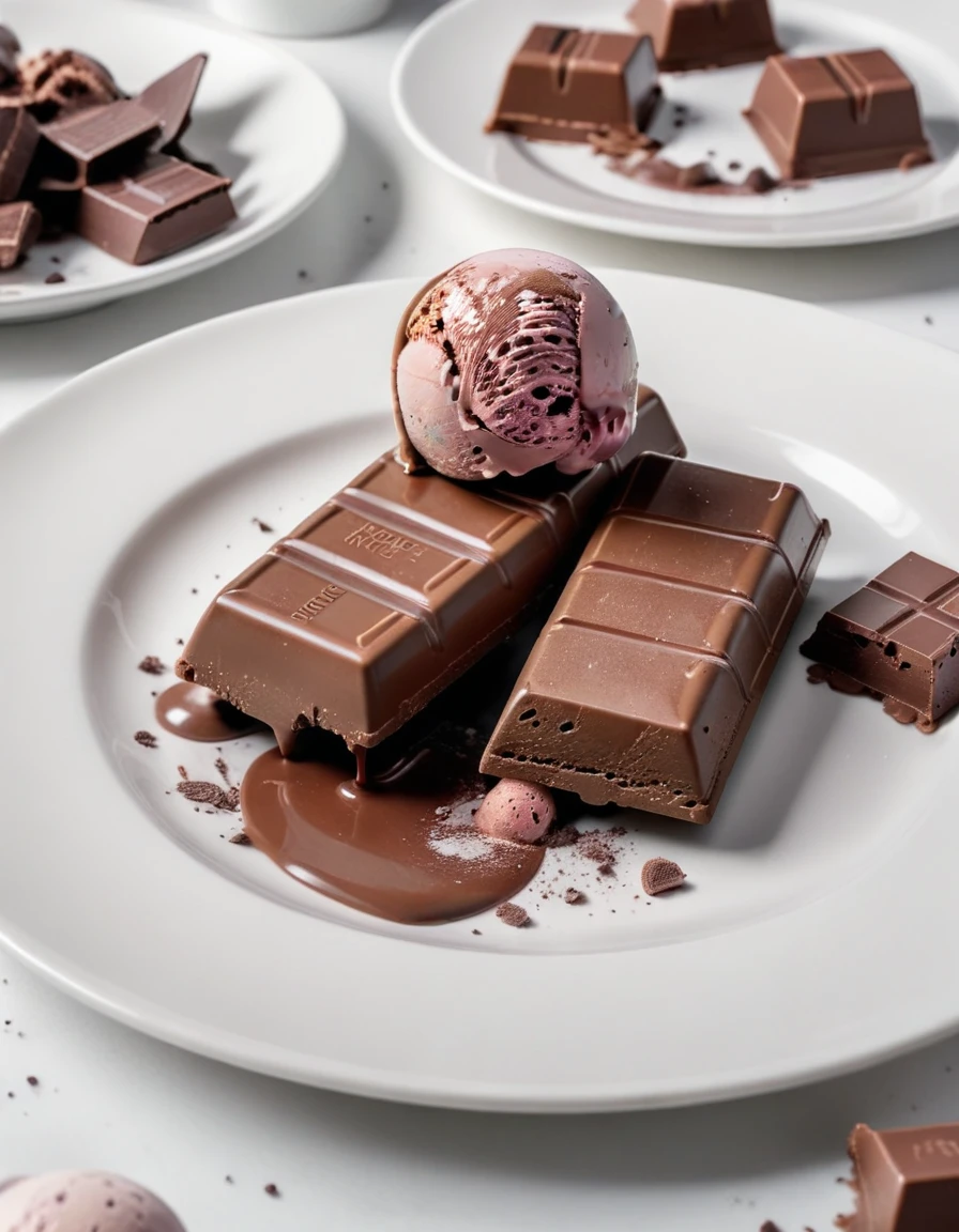 (chocolate bar and pieces of chocolate and chocolate ice cream on a white plate), closeup, macroscopic photo, hyperdetalization, hyperrealism, beautiful foreshortening, cinematic, glow, reflexes, illuminated ((dominant three colors))