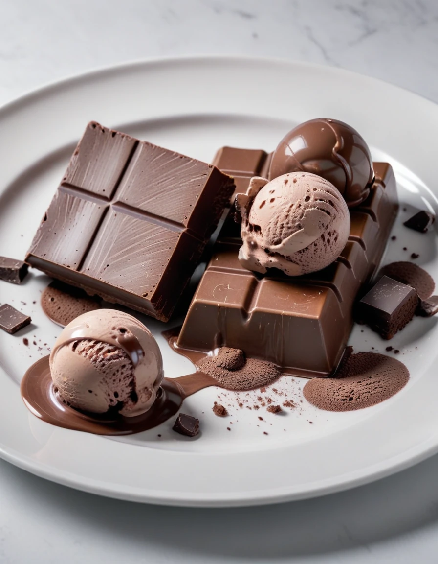 (chocolate bar and pieces of chocolate and chocolate ice cream on a white plate), closeup, macroscopic photo, hyperdetalization, hyperrealism, beautiful foreshortening, cinematic, glow, reflexes, illuminated ((dominant three colors))