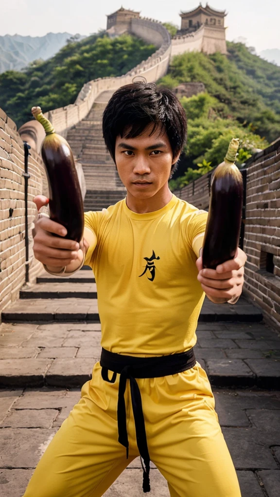 Photo. young Indonesian man wearing yellow Bruce Lee clothes. styled like Bruce Lee holding two long eggplants in his hands at the Great Wall of China. best quality. very detailed