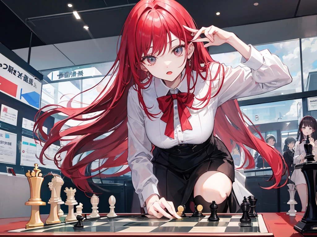A long-haired red-haired woman is participating in a chess tournament、There are people playing chess around々Lots of、29-year-old、Cloudy、Highest quality、