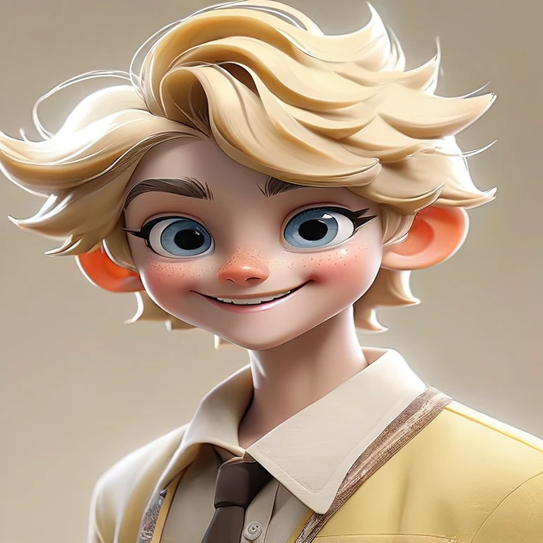 Create a blonde boy with a smile, offal the color of the eyes to blue