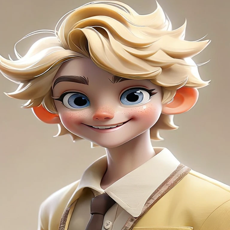 Create a blonde boy with a smile, offal the color of the eyes to blue