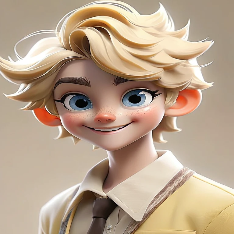 Create a blonde boy with a smile, offal the color of the eyes to blue