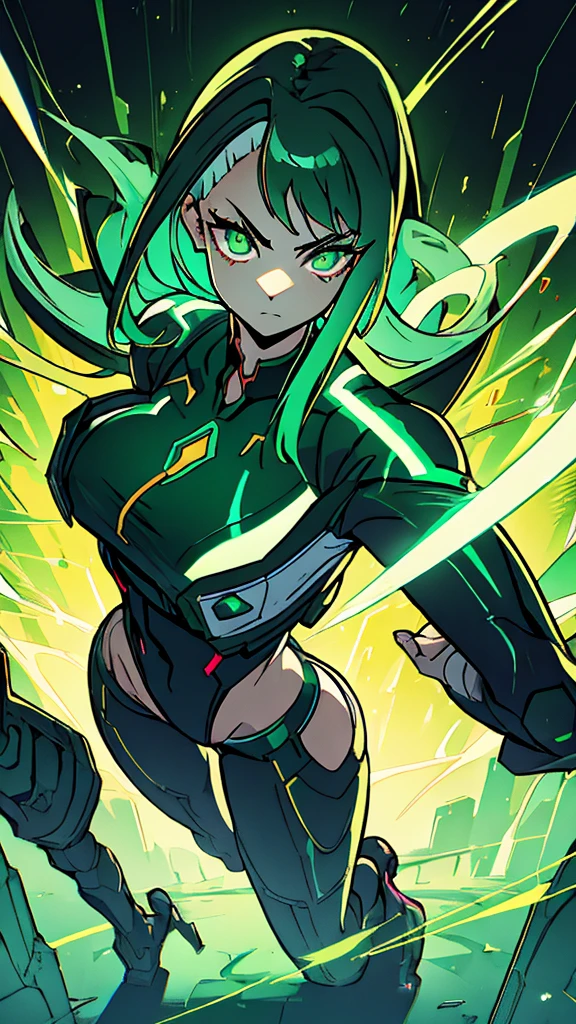 masterpiece, highest quality, (solo focus), (perfect face:1.1), (full body), (high detail:1.1), (hyper detailed eyes), dramatic, a woman with paleskin and long dark green hair, green eyes, solo, arrogant expression, neon cyberneticoutfit, white background, art by artgerm, cinematic lighting, fashion, BalenciagaStyle