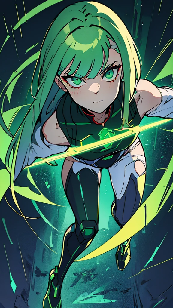 masterpiece, highest quality, (solo focus), (perfect face:1.1), (full body), (high detail:1.1), (hyper detailed eyes), dramatic, a woman with paleskin and long dark green hair, green eyes, solo, arrogant expression, neon cyberneticoutfit, white background, art by artgerm, cinematic lighting, fashion, BalenciagaStyle