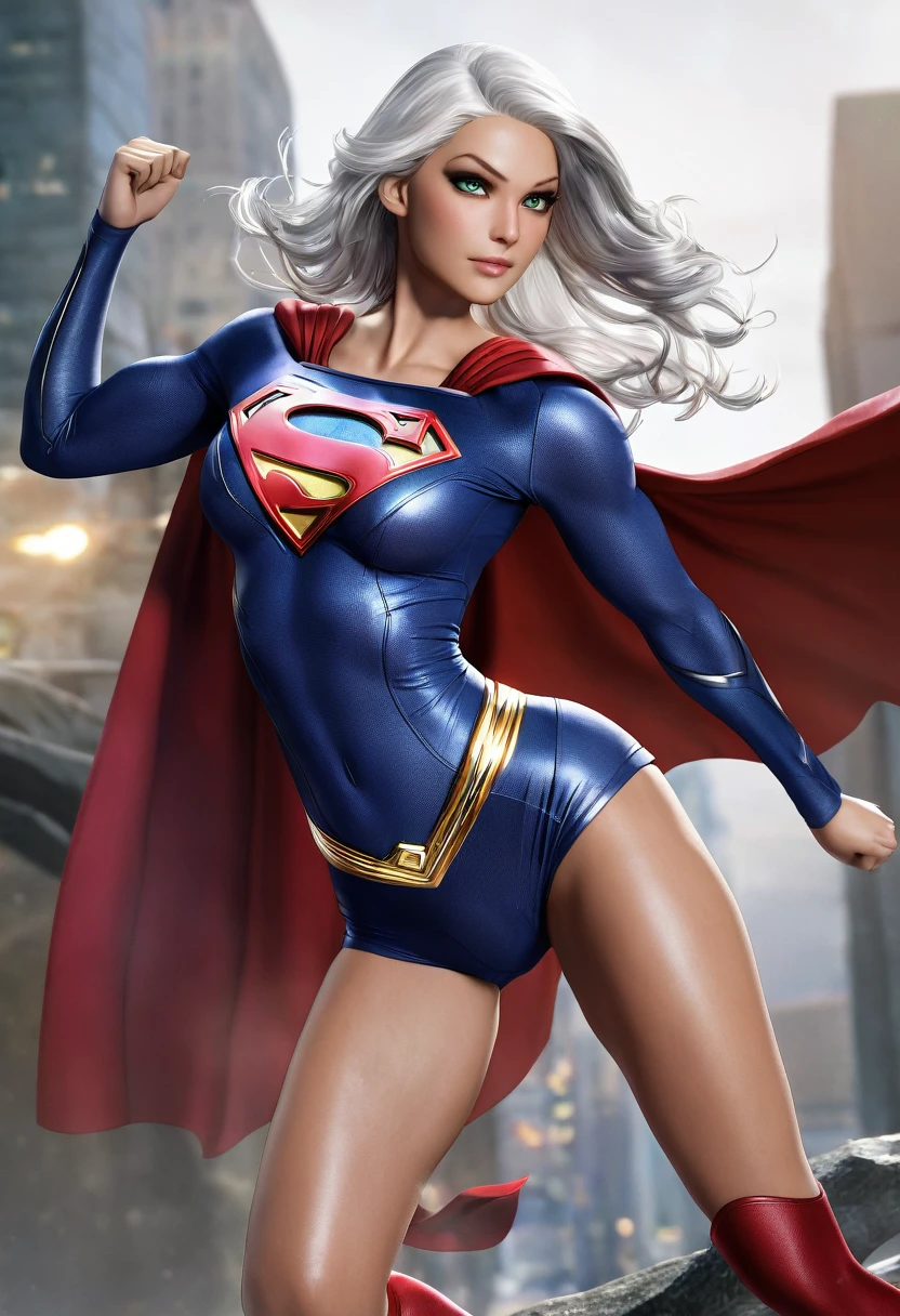 A stunning high-resolution photograph of Supergirl, the superheroine with an awe-inspiring physique, standing tall and confident. She dons a casual yet striking ensemble of a crop top and short hot pants, made of sleek material that accentuates her powerful figure. Her iconic cape is absent, giving her a unique look. Her vibrant white hair radiates with a supernatural glow, and her piercing green eyes sparkle, reflecting her innate superpowers. As she prepares to take flight, her muscles tense, ready to spring into action. The meticulous detail in every aspect of the photograph, from the glint in her eyes to the expert craftsmanship of her costume, makes the image captivating and vivid., photo
