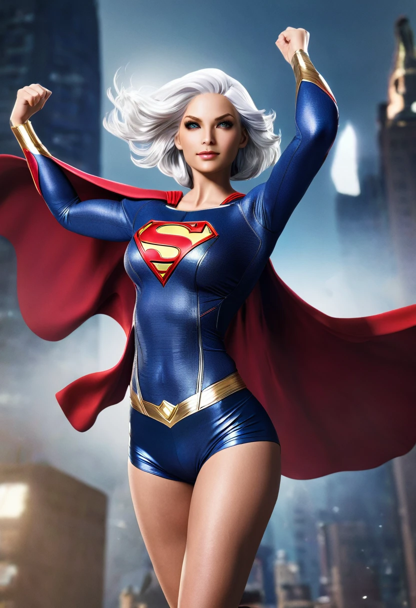 A stunning high-resolution photograph of Supergirl, the superheroine with an awe-inspiring physique, standing tall and confident. She dons a casual yet striking ensemble of a crop top and short hot pants, made of sleek material that accentuates her powerful figure. Her iconic cape is absent, giving her a unique look. Her vibrant white hair radiates with a supernatural glow, and her piercing green eyes sparkle, reflecting her innate superpowers. As she prepares to take flight, her muscles tense, ready to spring into action. The meticulous detail in every aspect of the photograph, from the glint in her eyes to the expert craftsmanship of her costume, makes the image captivating and vivid., photo