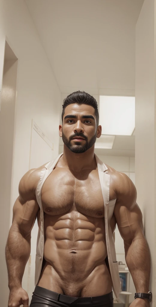 1boy, Egyptian, solo, facial hair,34 yrs old, dom, male focus, bara, muscular, mature male, muscular male, beard, short hair, thick eyebrows, brown-skinned male, thighs, fancy suit, dark skin, tie, tight white shirt, tight pants, open jacket, black business suit, doctor uniform, feet out of frame, thick thighs, looking at viewer, masterpiece, 4k, high quality, highres, absurdres,