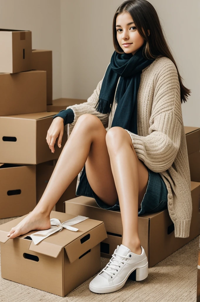 Girl sitting on box without pants