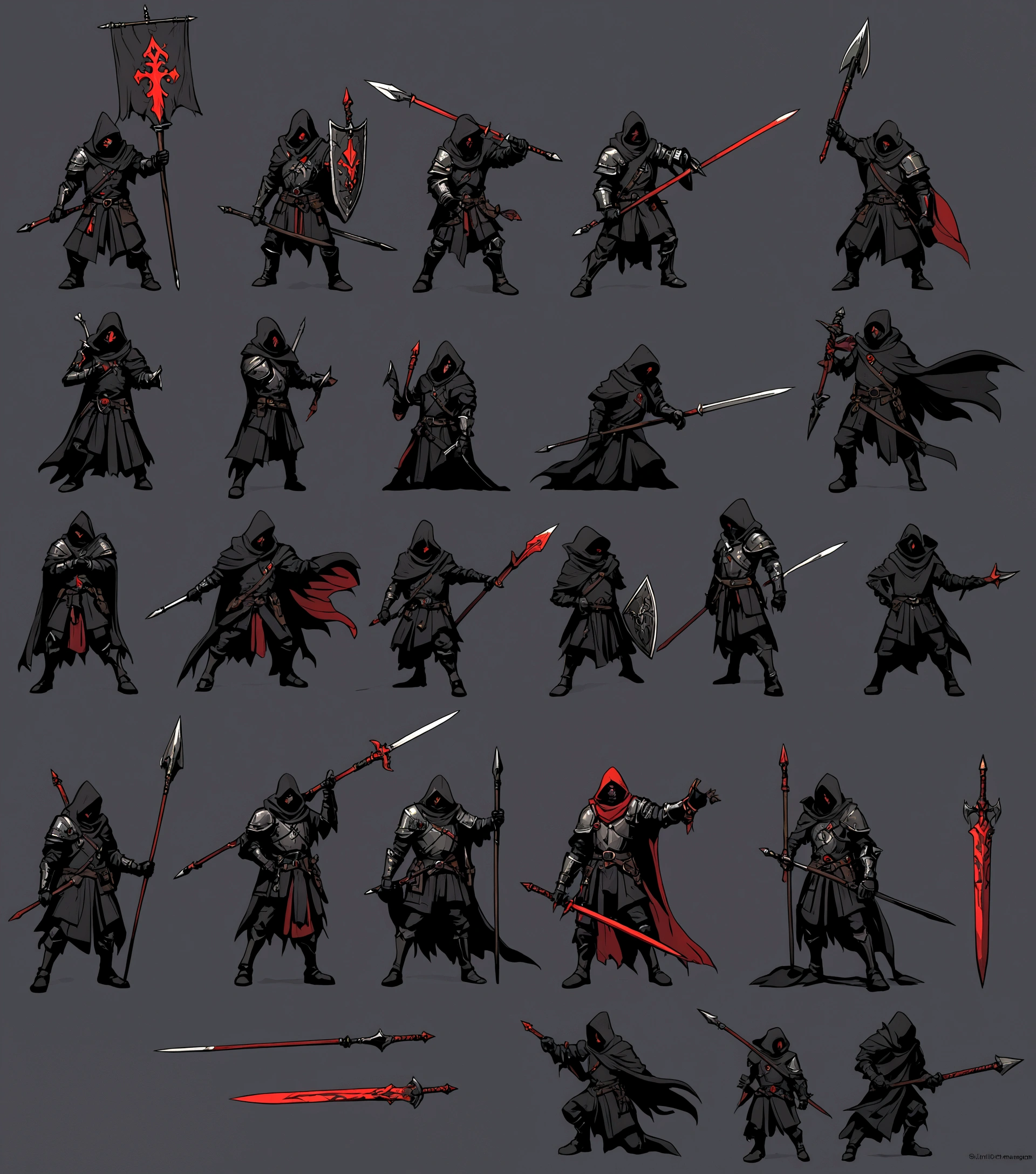 Man with black cloak and armor on one shoulder, using a red sword and spear, Darkest Dungeon art style, qualidade hd, hyper detailled, 4K resolution Waiting to start