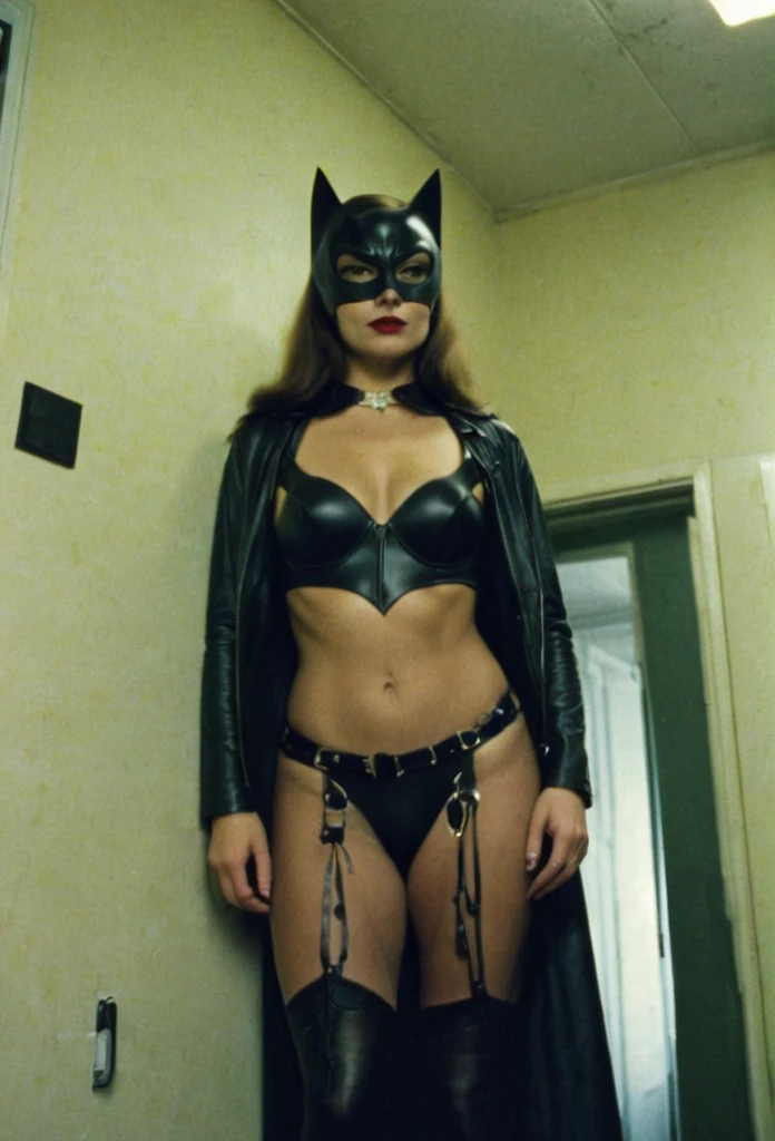 View From below ,hidden camera, spycam , voyeur ,dressing changing room, room, fitting room, peephole, perspective from below her, catwoman changing her top,low resolution,low Quality,grainy effect, natural,imperfections,film grain,1980's footage,bare stomach, perspective from the ground, under skirt perspective