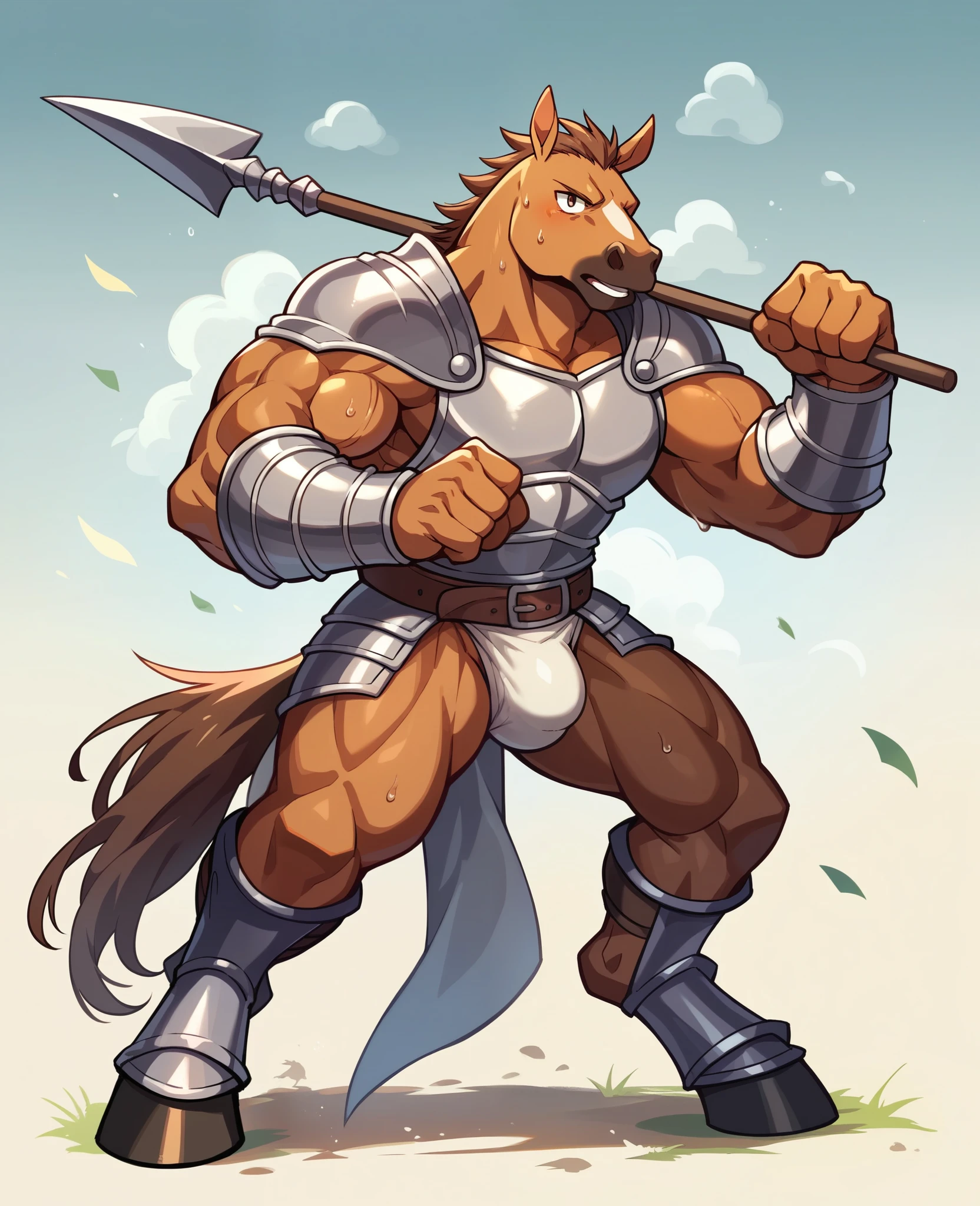 Top Quality, High-quality illustrations, the beautiful depiction of light seen in Vermeer's works, the intricate portrayal of muscles found in Michelangelo's works are highly admired, masterpiece, Dark Fantasy, Castle, Gatekeeper, absurdres, Perfect ???????(kemono, Beastman, Solo Focus, bulge in the ?????? area) (Anthro,Horse Facial Features, Horse Body Features, Dense and Detailed Muscles)Full Body, Fighting Pose, Armor, Spear, Medieval Warrior, dense sweat,