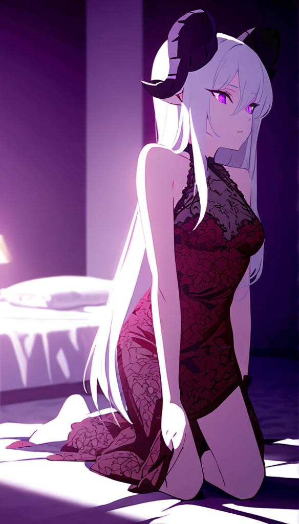 a girl with long white hair, purple eyes, wearing a red lace dress, kneeling on a large bed, in the dark with violet tones, sexy, sensual,black goat horns 