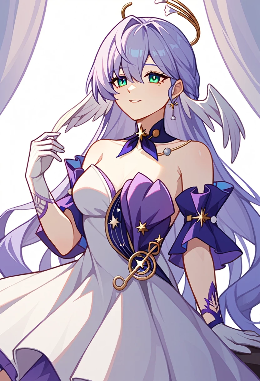 1girl, robin_\(honkai:_star_rail\), bare_shoulders, head_wings, white_dress, white_gloves, detached_sleeves, short_sleeves, aqua_eyes, long_hair, halo, purple_dress, hair_between_eyes, earrings, purple_hair