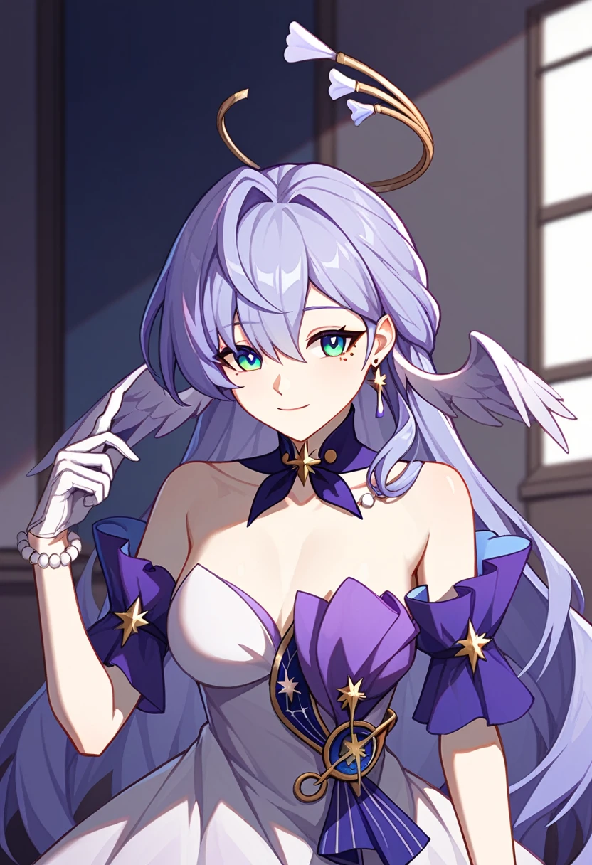 1girl, robin_\(honkai:_star_rail\), bare_shoulders, head_wings, white_dress, white_gloves, detached_sleeves, short_sleeves, aqua_eyes, long_hair, halo, purple_dress, hair_between_eyes, earrings, purple_hair
