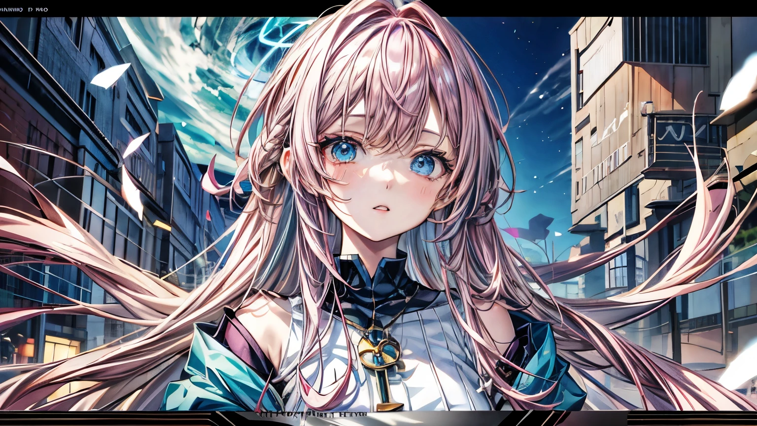 Anime girl with pink hair and blue eyes wearing a blue dress., portrait, Knights of the Zodiac, , detailed digital animated art, 4K anime style, Pink hair and cyan eyes., anime art wallpaper 8K, anime girl with cosmic hair, hermoso portrait animado, Arte Zerochan, anime art wallpaper 4k, anime art wallpaper 4k, digital animated art