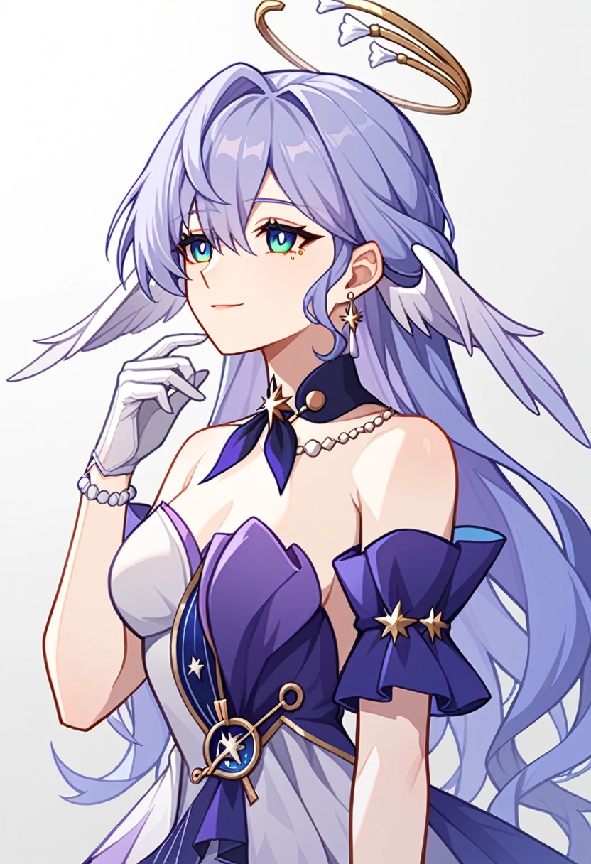 1girl, robin_\(honkai:_star_rail\), bare_shoulders, head_wings, white_dress, white_gloves, detached_sleeves, short_sleeves, aqua_eyes, long_hair, halo, purple_dress, hair_between_eyes, earrings, purple_hair
