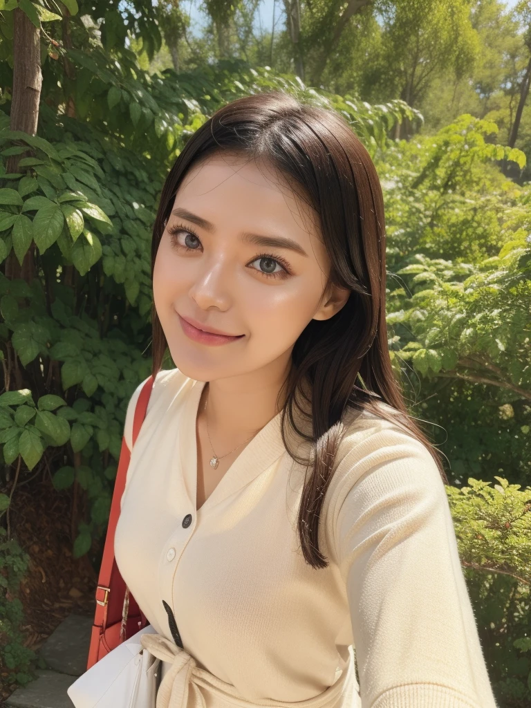 rie,One Woman,(best quality), (ultra detailed), (absolutely resolution),Face is front, 20-year-old, Slit exposure, nurse, The color of the clothes is orange, The pattern on her clothes is dotted., Black Hair, Forest after the summer rain