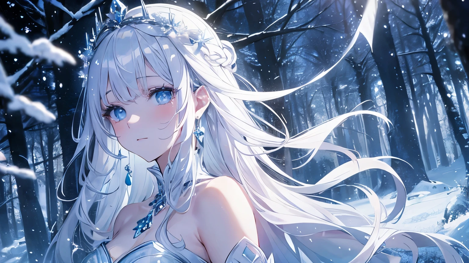 White hair girl, beautiful detailed eyes, pale skin, flowing white hair, elegant pose, fantasy setting, soft lighting, ethereal atmosphere, mesmerizing gaze, delicate features, porcelain-like complexion, long white hair cascading down her back, intricate braids adorned with flowers, silver crown on her head, sparkling snowflakes falling around her, snow-covered landscape, shimmering blue dress, graceful movement, dreamlike aura, enchanting beauty, enchanted forest, surreal color palette, delicate snowflakes melting on her fingertips, frozen breath in the air, winter wonderland scenery, magical glow surrounding her, serene expression, captivating presence, subtle hints of blue and silver, soft rays of sunlight filtering through the trees, tranquility and peace in her presence, icy blue eyes reflecting the beauty of her surroundings, dreamy and otherworldly atmosphere, a touch of mystery, artistic masterpiece, high resolution details, stunning portrait, portrait in a fairytale world.