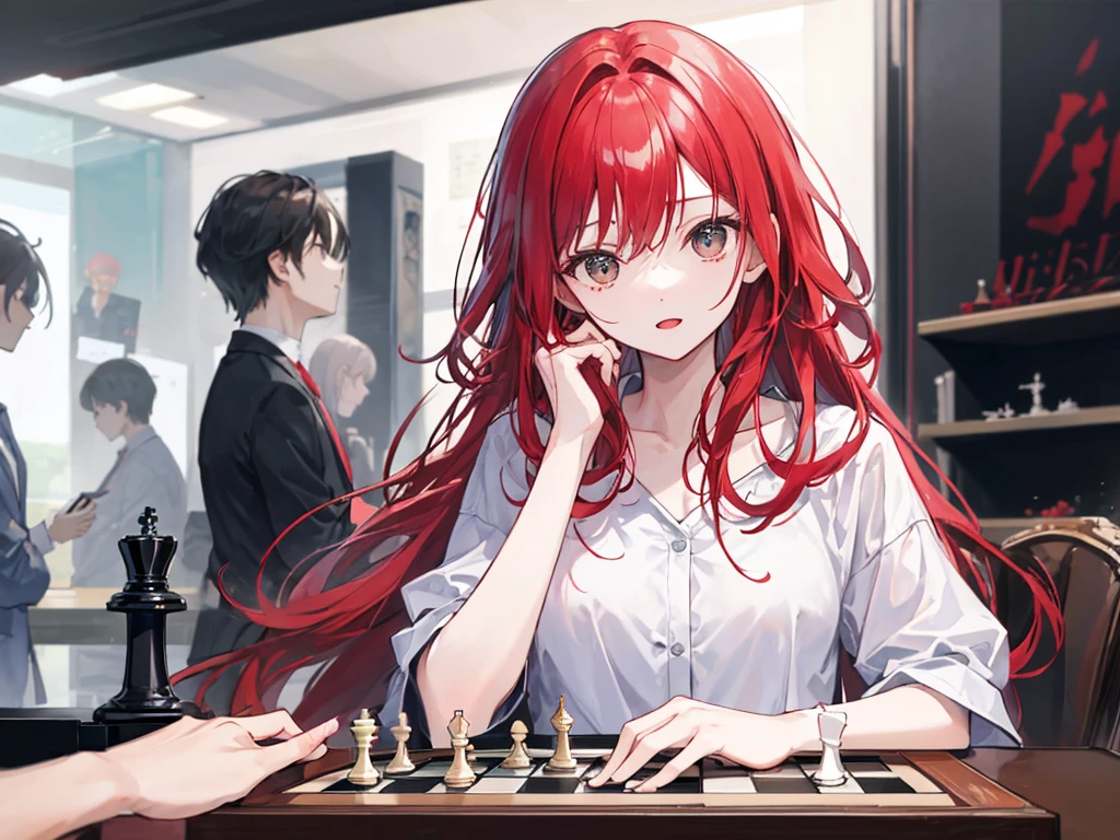 A long-haired red-haired woman is participating in a chess tournament、There are people playing chess around々Lots of、Cloudy、Highest quality、