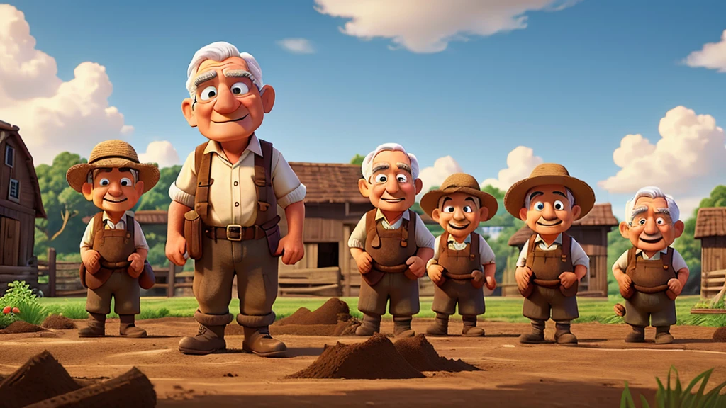a hardworking old farmer and his friends digging in various locations with expressions of hard work and determination, cartoonist work, no six fingers , no eyes damage, no face spoil