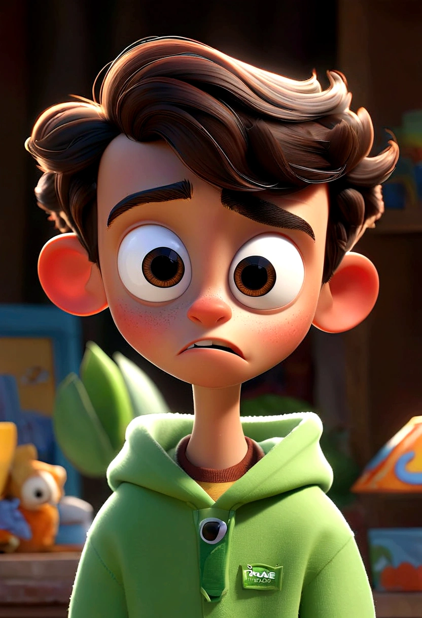 Crie um pôster 3D no estilo Disney PIXAR. ("A Pixar-style teenager character named Sensível, with a delicate appearance, big expressive eyes, always holding a tissue, and an emotional expression.")