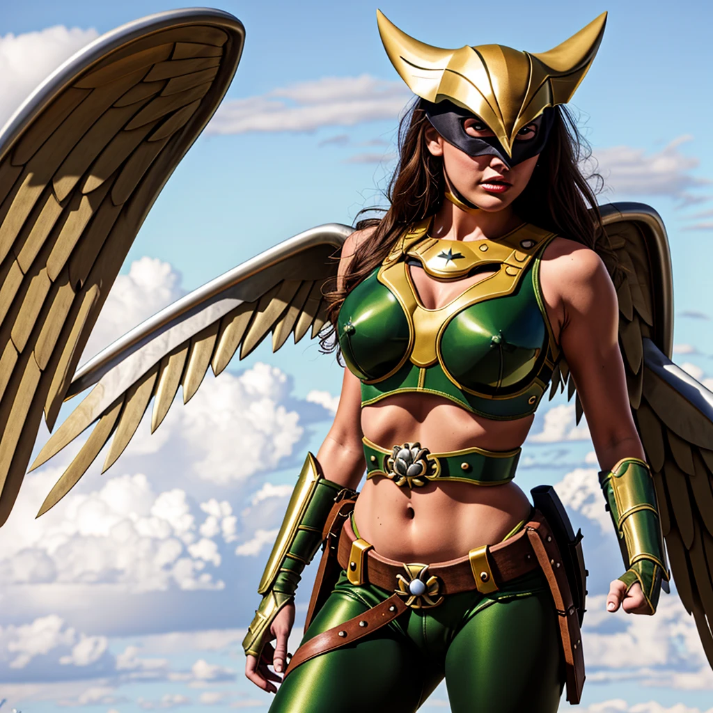 (cowboy shot), (masterpiece), (best quality:1.0), (ultra highres:1.0), highly detailed face and eyes, BREAK ShayeraDC, green eyes, mask, metal wings, wings,  green and gold crop top, shoulder pauldron, gauntlets, pantyhose, midriff, belt, BREAK desert, clouds, Large breasts, thick thighs 