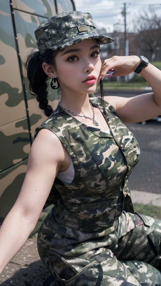 (best quality,4k,8k,highres,masterpiece:1.2), ultra-detailed, (realistic,photorealistic,photo-realistic:1.37), (beautiful detailed eyes, beautiful detailed lips, extremely detailed eyes and face, long eyelashes), studio lighting,physically-based rendering,vivid colors, (big tits, super big, super extra big tits), (camouflage clothing, camouflage cargo pants, shirts, jackets, vests, military boots, combat boots, camouflage hats, helmets, dog tags, military watches, khaki caps, camouflage bags, khaki or camouflage makeup, ponytails or fishtail braids,camouflage print nail art, silver dog tag necklaces or simple earrings, healthy and muscular body:1.5)