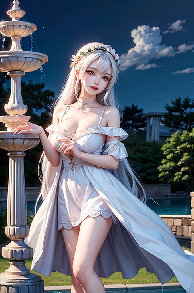 (Image above the chest)((masterpiece:1.5,Highest quality,Highly detailed images,Beautiful images、Realistic、Photorealistic、2.5D))(1girl, 独奏,)(Adult women、large breasts, white hair, beautiful eyes、Beautiful cleavage)(Off-the-shoulder dress、black dress:1.5, Deep slit)(smile, wind, floating hair)(bright、Soft lighting、garden、water fountain）
