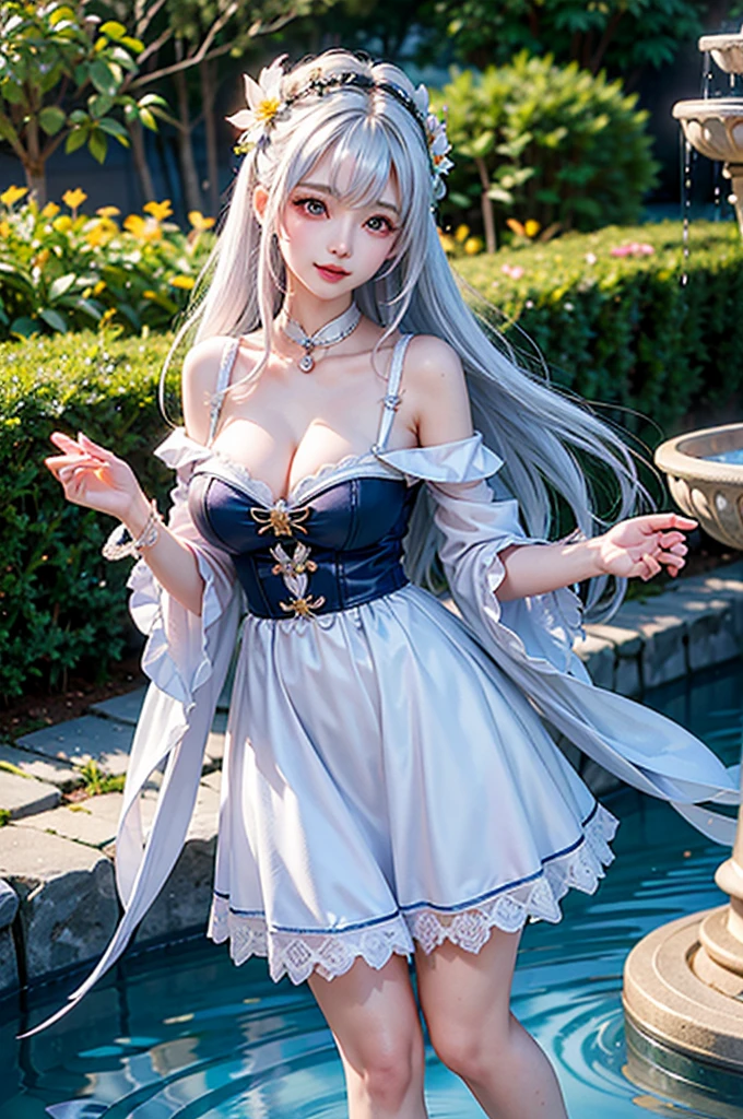 (Image above the chest)((masterpiece:1.5,Highest quality,Highly detailed images,Beautiful images、Realistic、Photorealistic、2.5D))(1girl, 独奏,)(Adult women、large breasts, white hair, beautiful eyes、Beautiful cleavage)(Off-the-shoulder dress、black dress:1.5, Deep slit)(smile, wind, floating hair)(bright、Soft lighting、garden、water fountain）
