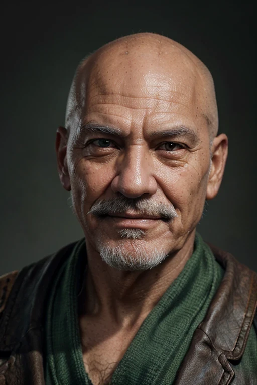 a close up of an old man, a rpg character portrait, inspired by senior character artist, Artstation, oldman with grey mustache, charismatic, handsome, amber colored skin, green eye, bald, no hair sweet smile.
