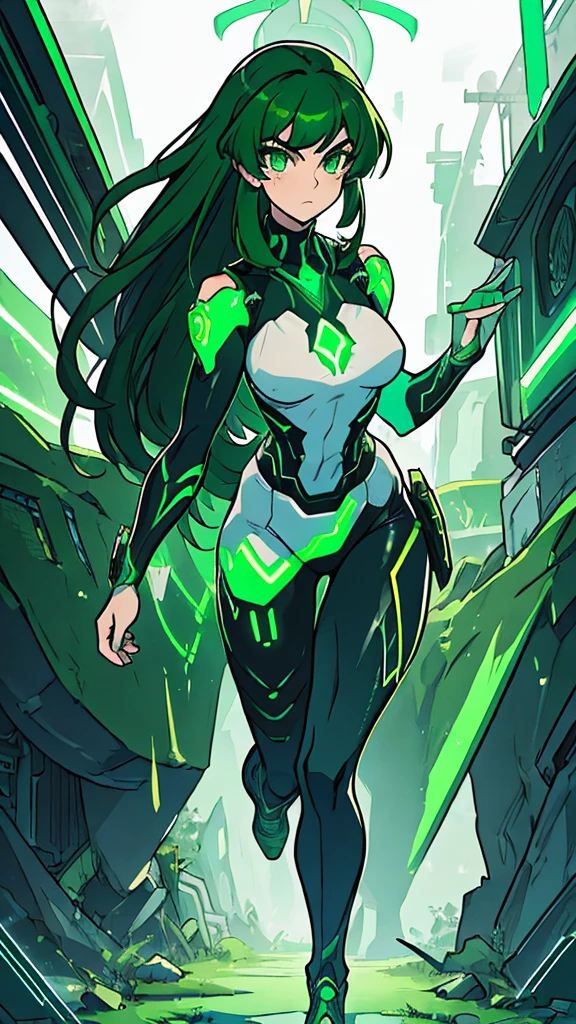 masterpiece, highest quality, (solo focus), (perfect face:1.1), (full body), (high detail:1.1), (hyper detailed eyes), dramatic, a woman with paleskin and long dark green hair, green eyes, solo, arrogant expression, neon cyberneticoutfit, white background, art by artgerm, cinematic lighting, fashion, BalenciagaStyle