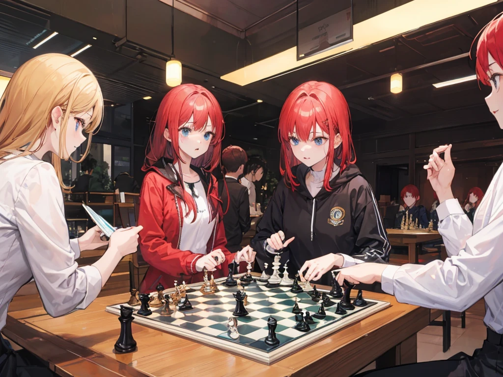 A redhead woman is participating in a chess tournament、There are people playing chess around々Lots of、Highest quality、