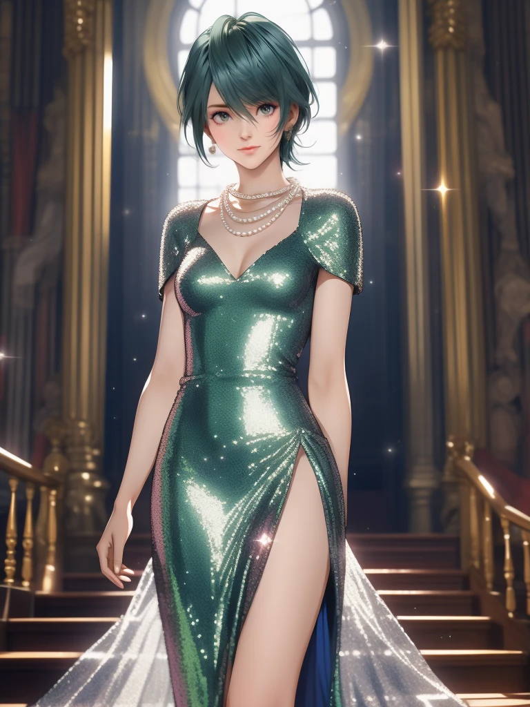 1woman, tamaki, green short hair, hair between eyes, Thin eyebrows, detailed eyes, Small Head, (silver sequined dress:1.2), (smile:1.2), Pearl Necklace, standing on the grand staircase,