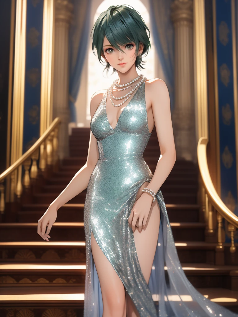 1woman, tamaki, green short hair, hair between eyes, Thin eyebrows, detailed eyes, Small Head, (silver sequined dress:1.2), (smile:1.2), Pearl Necklace, standing on the grand staircase,