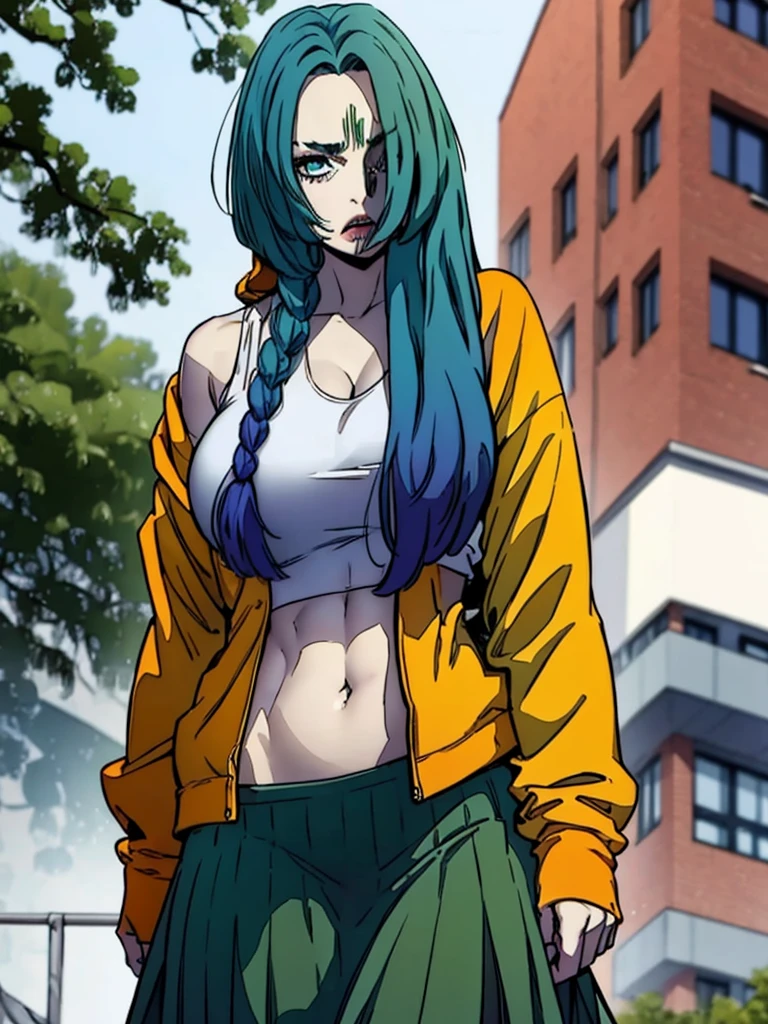 a female who has hazel eyes and green hair. Her true form is that of a tall, fully-grown curvaceous and well-endowed adult with long waving green hair. Notably, she has a scar and the crimson line that runs across her face, and pronounced lower canine teeth. Her gown is now torn into a skirt and a top, connected with a single strip across her abdomen.