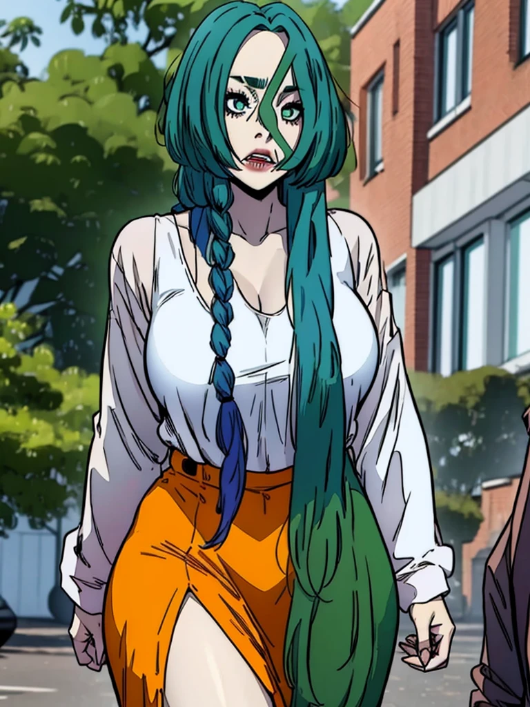 a female who has hazel eyes and green hair. Her true form is that of a tall, fully-grown curvaceous and well-endowed adult with long waving green hair. Notably, she has a scar and the crimson line that runs across her face, and pronounced lower canine teeth. Her gown is now torn into a skirt and a top, connected with a single strip across her abdomen.