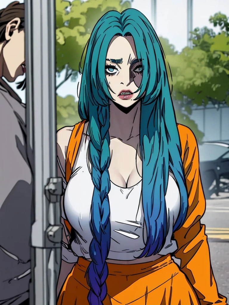 a female who has hazel eyes and green hair. Her true form is that of a tall, fully-grown curvaceous and well-endowed adult with long waving green hair. Notably, she has a scar and the crimson line that runs across her face, and pronounced lower canine teeth. Her gown is now torn into a skirt and a top, connected with a single strip across her abdomen.