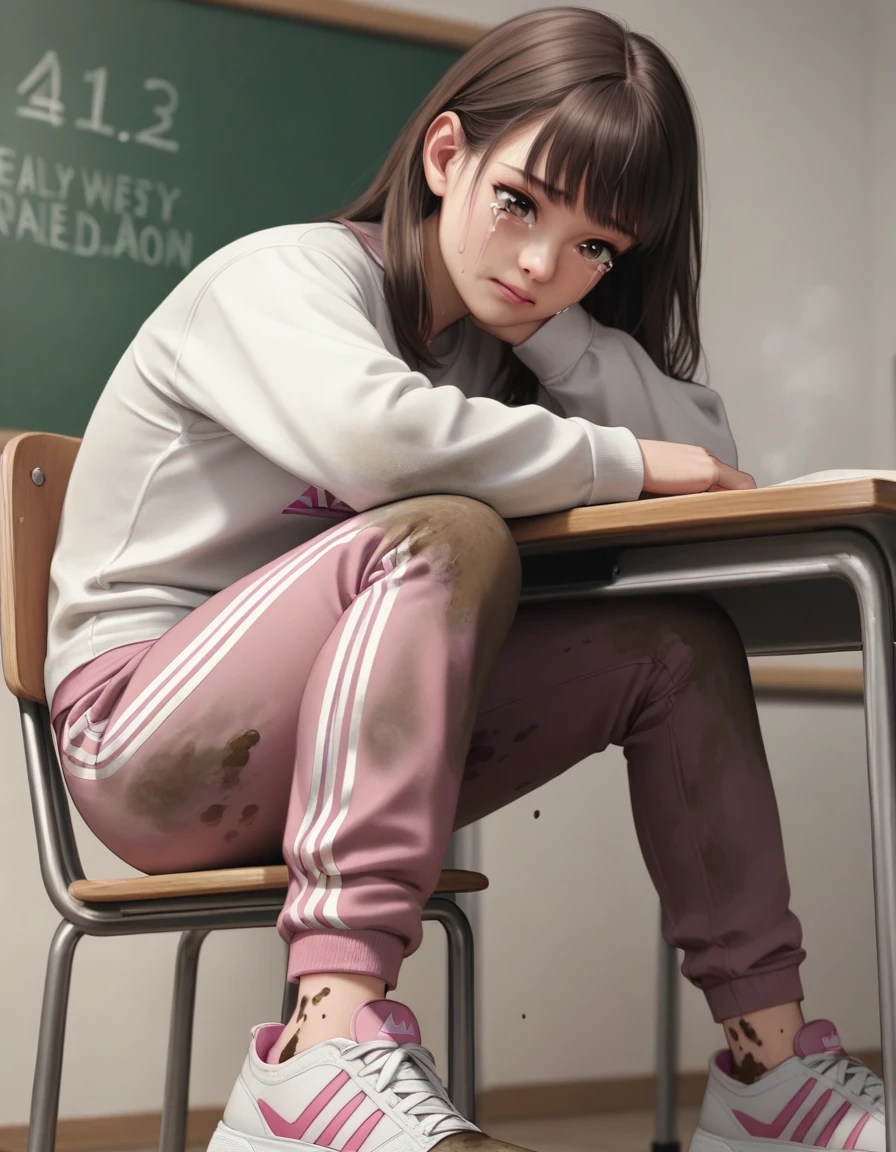 Ultra-realistic, 4k, 1girl, 10 year old, cute face, pretty face, cute eyes, skinny body, brown hair, pink adidas sweatpants, tight long sleeve sports white tshirt, white sneakers, crying, very sweaty, in dirty classroom, near the desk, Egyptian flag on wall, dirty pants, dirty chair, dirty clothes, sweaty clothes, (((make the whole image filthy and dirty))), (((mud overflowing from pants))), stinky atmosphere, filthy atmosphere, mud on pants, disgusting pants, ((extreme amount of mud on pants)),